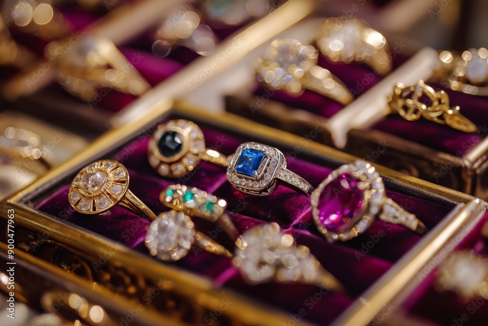 A collection of rings and other jewelry are displayed in a purple velvet box. The jewelry is of various shapes and sizes, including a large blue diamond ring. The display is elegant and sophisticated A collection of rings and other jewelry are displayed in a purple velvet box. The jewelry is of various shapes and sizes, including a large blue diamond ring. The display is elegant and sophisticated