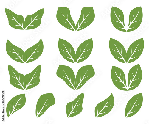 Set of green leaf icons. Green color icon logo. Leaves on white background. Ecology. Collection green leaf. Vector illustration.