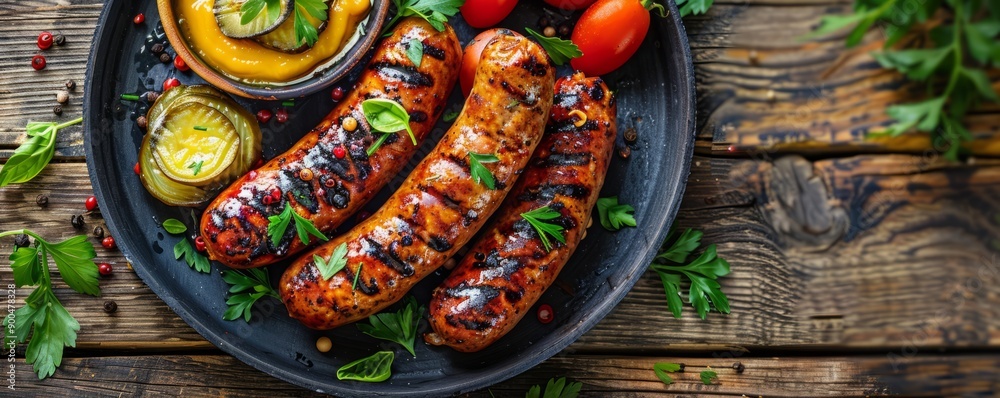 Plate of grilled sausages served with pickles and mustard on a wooden table. Plate of grilled sausages served with pickles and mustard on a wooden table.