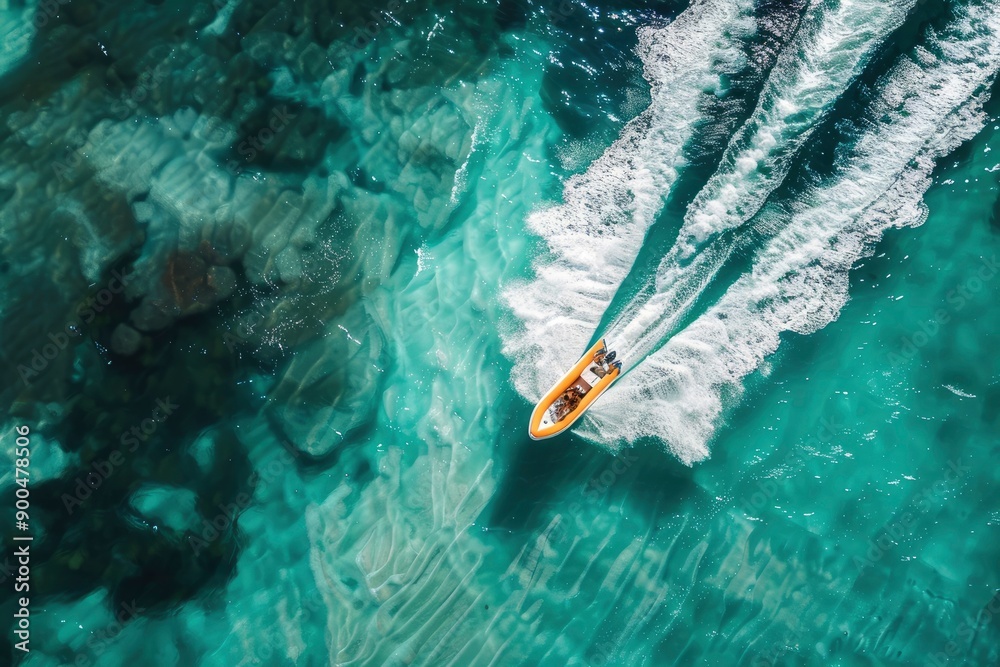 Obraz premium Boat Donut, Water skiing, Aeral View, Ocean, generative ai