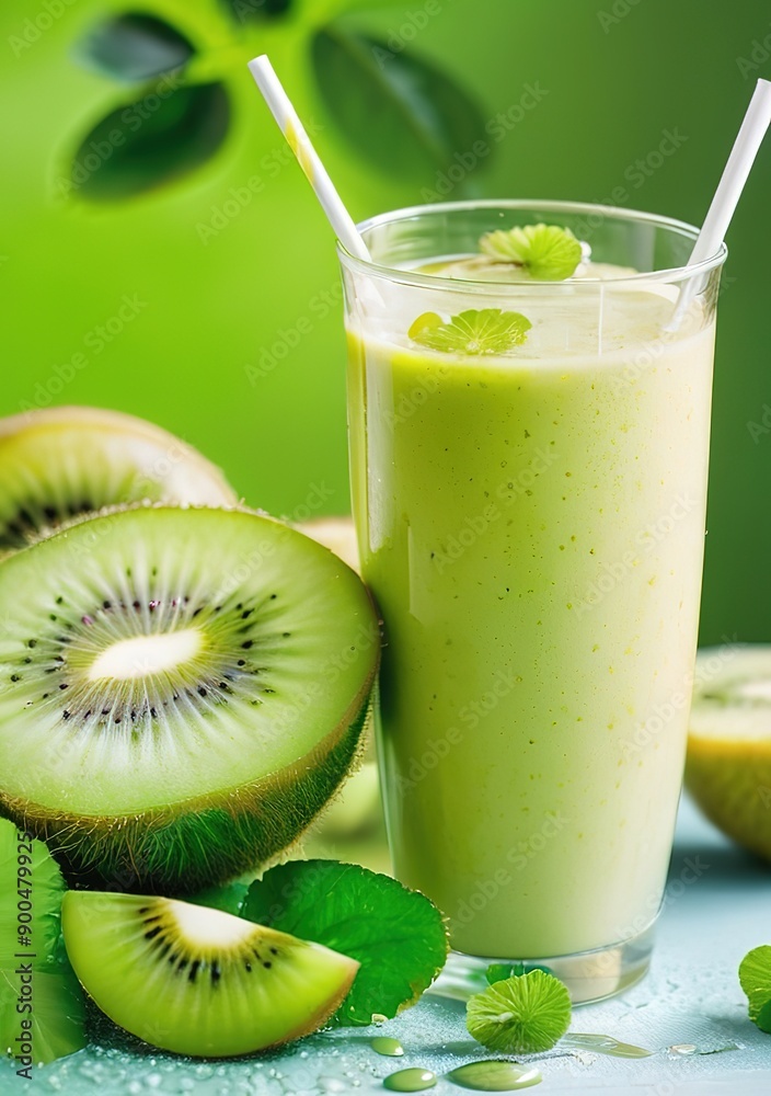 Glass of kiwifruit juice with kiwi slice garnish, colorful background, ideal for summer thirst. Glass of kiwifruit juice with kiwi slice garnish, colorful background, ideal for summer thirst.