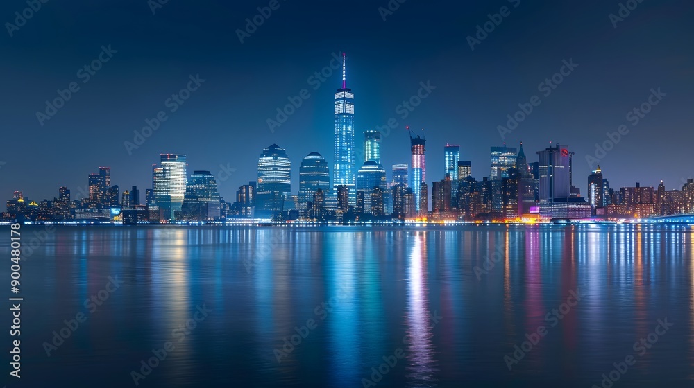 Obraz premium Panorama of the skyline of Manhattan, view from Jersey city during the blue hour. New York City skyline with the Empire State building at night with water reflections.