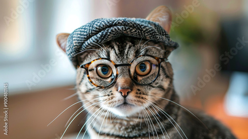 Funny cute cat with glasses and wearing a stylish hat.