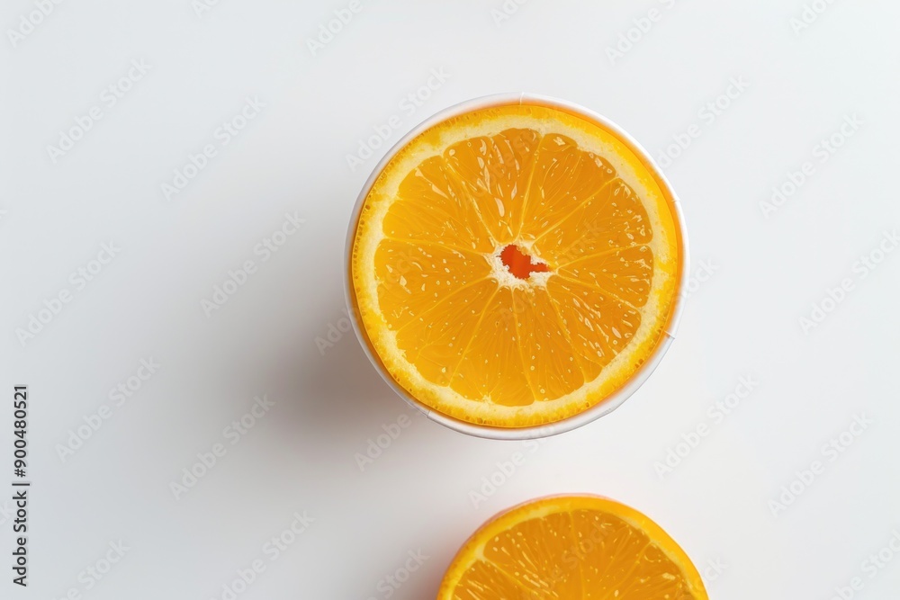 Fresh orange cut into two halves on a white surface Fresh orange cut into two halves on a white surface