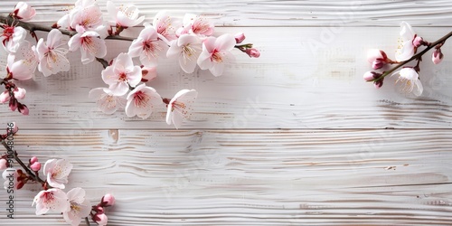 Spring Cherry Blossoms on Rustic Wooden Table photo