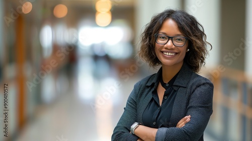 A Black female teacher stands confidently, smiling in a vibrant school hallway