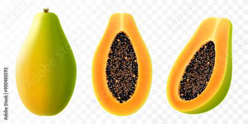 Set of colored papaya, isolated on transparent background. Pawpaw, papaya half with seeds, slice and whole juicy fruit. Tropical, exotic fruit. Realistic 3d vector illustration.