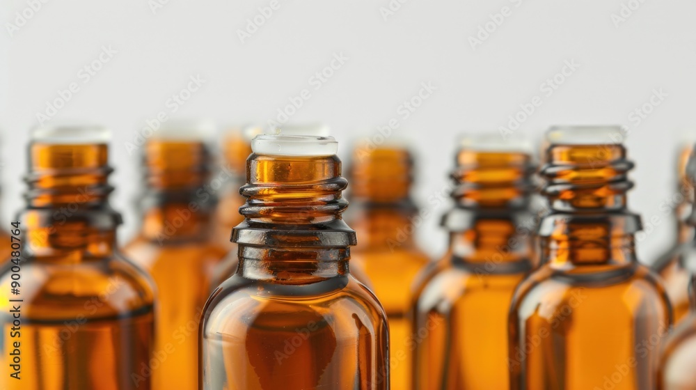 Close-up view of a group of brown glass bottles, suitable for use in advertising or product photography Close-up view of a group of brown glass bottles, suitable for use in advertising or product photography