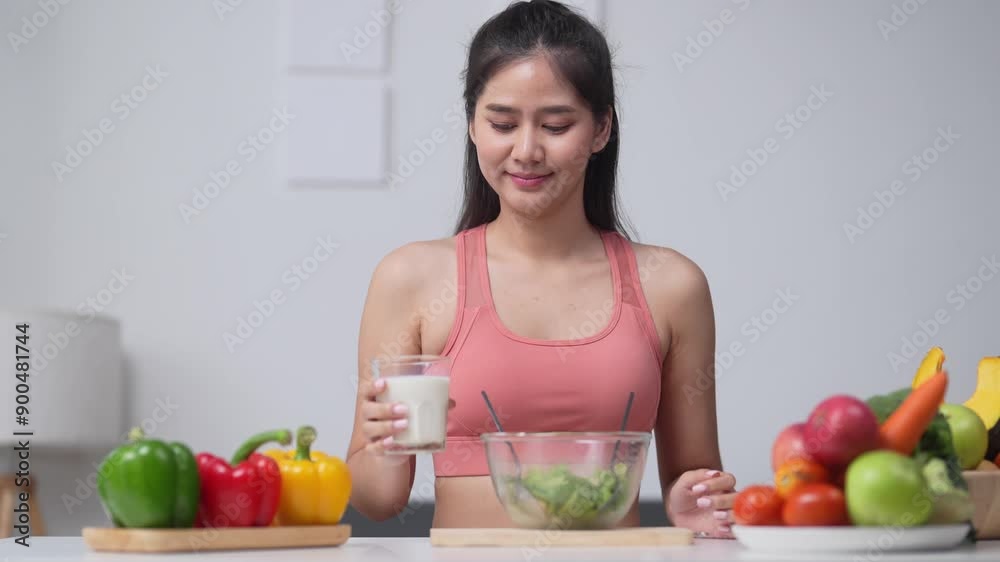 Healthy salad and milk: smiling woman in kitchen promoting wellness Healthy salad and milk: smiling woman in kitchen promoting wellness