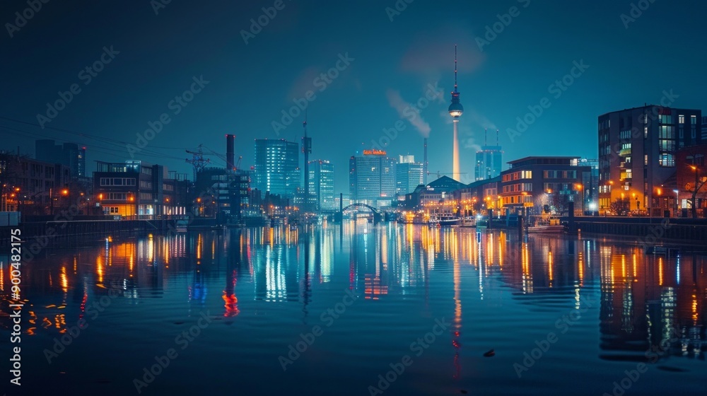 A nighttime view of Berlin, Germany, showcases the Berlin TV Tower amid brightly lit buildings, the Spree River, and urban scenery, combining natural and urban elements.