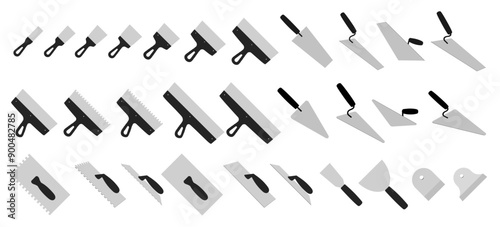 Set of spatula, isolated on a white background. Plaster spatula. Putty Knife. Construction tool. Spackling instrument. Spatula for finishing work. Silhouette black icons, vector illustration.
