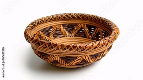 Handmade woven basket with decorative patterns, isolate on white background, rustic and functional