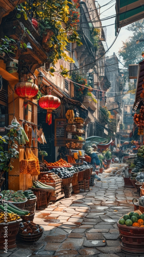 Fototapeta premium Scenic view of a vibrant marketplace with stalls offering traditional foods.