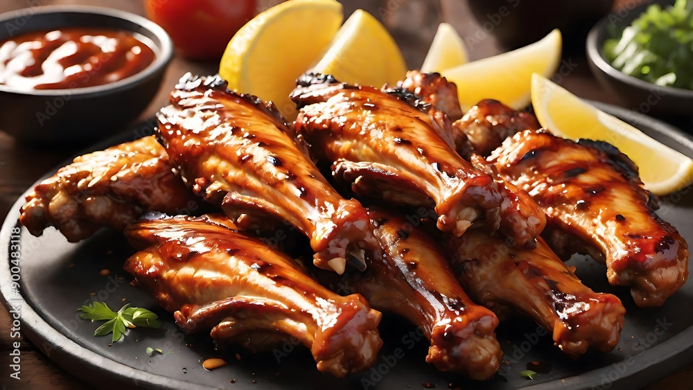 Perfectly Grilled BBQ Chicken Wings: Rich Smoky Flavor, Shiny Glaze, Sizzling on the Grill, Vibrant Outdoor Barbecue Perfectly Grilled BBQ Chicken Wings: Rich Smoky Flavor, Shiny Glaze, Sizzling on the Grill, Vibrant Outdoor Barbecue