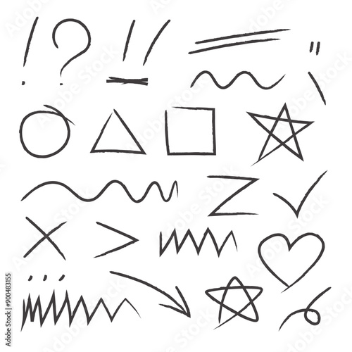 Set of hand drawn rough elements. Brush, pen, crayons and marker imitations. Vector icons in scribble style