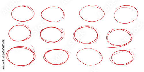 Set of drawn oval red circles in different shapes. Handmade scratch illustrations. Highlight vector icons