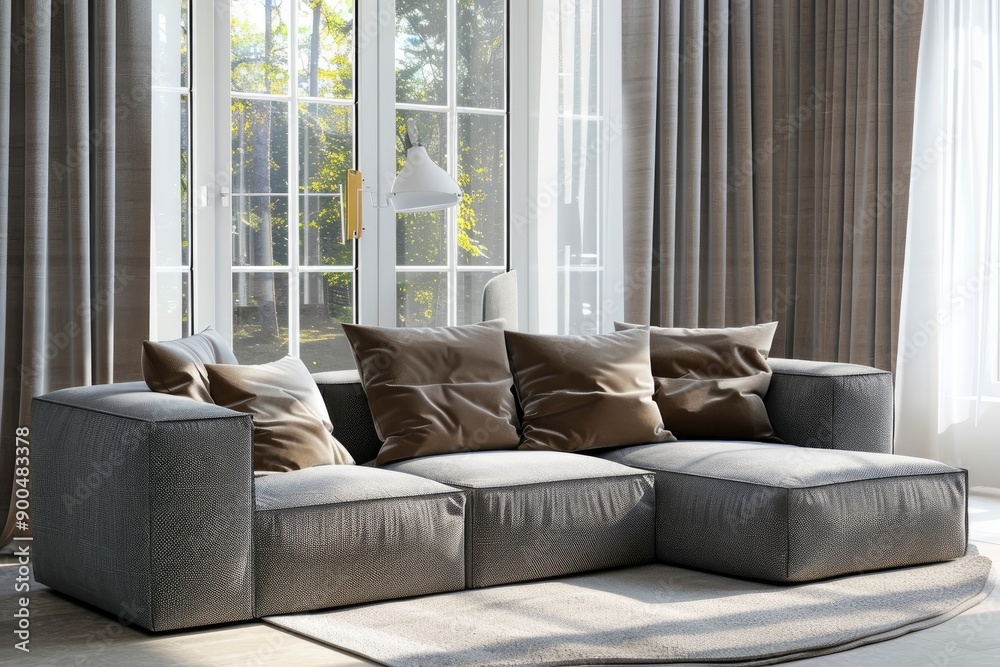 Fototapeta premium Corner sofa set with three pillows in modern style, Sunny day outside windows, Luxury tone color of curtain, Rest area for people to lie down and sleep or recess, generative ai
