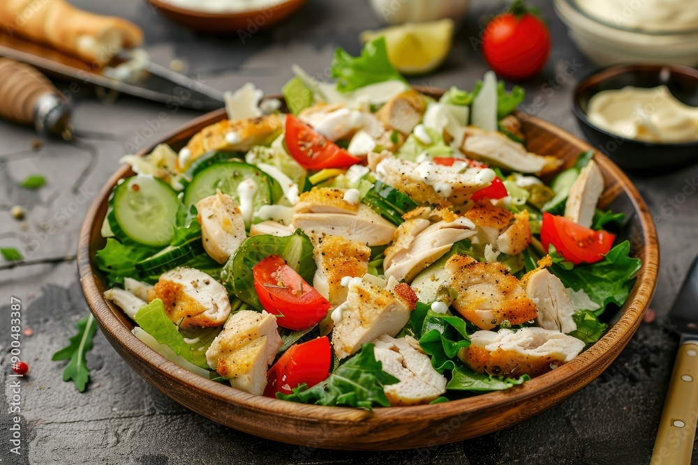 Delicious Caesar Salad! Or a London salad with chicken breast and homemade mayonnaise! Ideal photo for the menu, generative ai Delicious Caesar Salad! Or a London salad with chicken breast and homemade mayonnaise! Ideal photo for the menu, generative ai