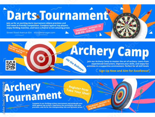 Darts tournament archery camp advertising banner design template set isometric vector