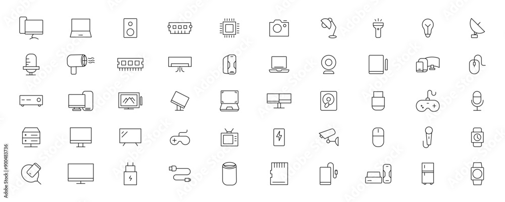 Device and technology line icon set. Electronic devices and gadgets, computer, equipment and electronics. Computer monitor, smartphone, tablet and laptop simple icon collections Device and technology line icon set. Electronic devices and gadgets, computer, equipment and electronics. Computer monitor, smartphone, tablet and laptop simple icon collections
