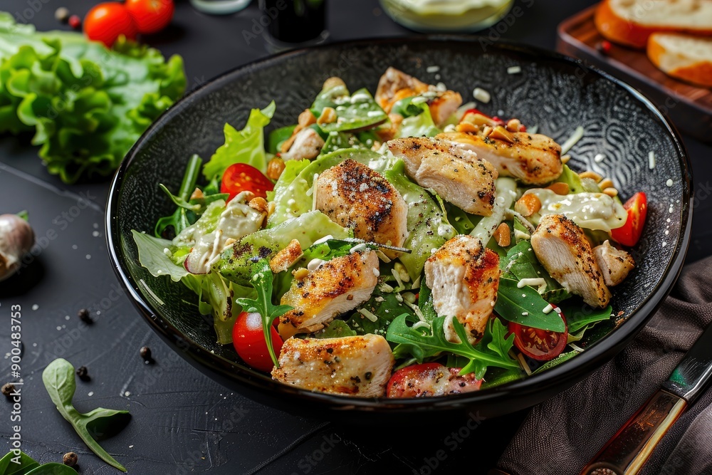 Delicious Caesar Salad! Or a London salad with chicken breast and homemade mayonnaise! Ideal photo for the menu, generative ai Delicious Caesar Salad! Or a London salad with chicken breast and homemade mayonnaise! Ideal photo for the menu, generative ai