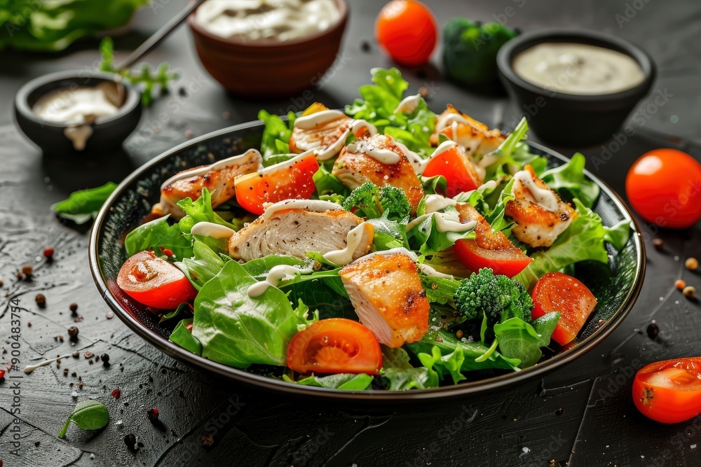 Delicious Caesar Salad! Or a London salad with chicken breast and homemade mayonnaise! Ideal photo for the menu, generative ai