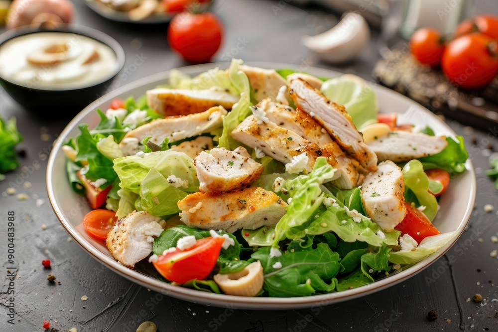 Delicious Caesar Salad! Or a London salad with chicken breast and homemade mayonnaise! Ideal photo for the menu, generative ai Delicious Caesar Salad! Or a London salad with chicken breast and homemade mayonnaise! Ideal photo for the menu, generative ai