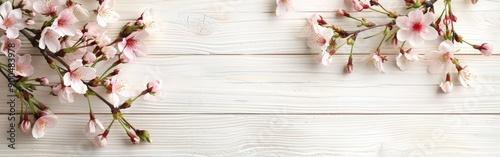 Spring Cherry Blossoms on Rustic Wooden Table photo