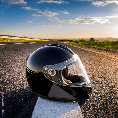 motorcycle helmet on the road.a cracked black motorcycle helmet on the roadside of a deserted highway, underscoring the significance of protective gear for motorcyclists and suggesting potential dange photo