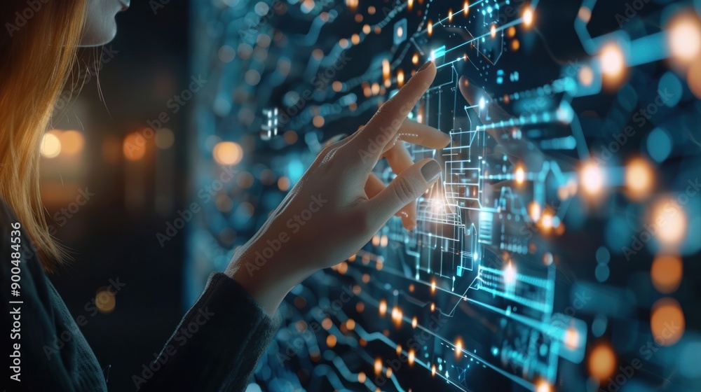 Woman Interacting with Futuristic Interface Woman Interacting with Futuristic Interface