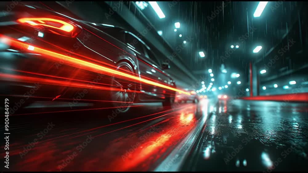 A sleek car speeds through a rainy city tunnel, leaving red light trails, capturing a sense of motion and urban nightlife