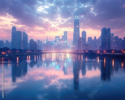 Twilight Reflections: Illuminated Modern City Skyline by the River for Urban and Travel Concepts