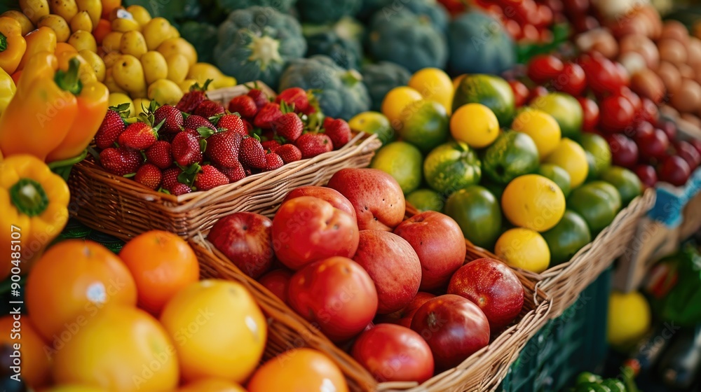 Vibrant Farmers' Market Display of Fresh Fruits and Vegetables Promoting Healthy Living Vibrant Farmers' Market Display of Fresh Fruits and Vegetables Promoting Healthy Living