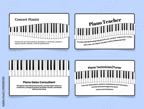 Piano teacher technician tuner sales consultant business card design template set vector flat