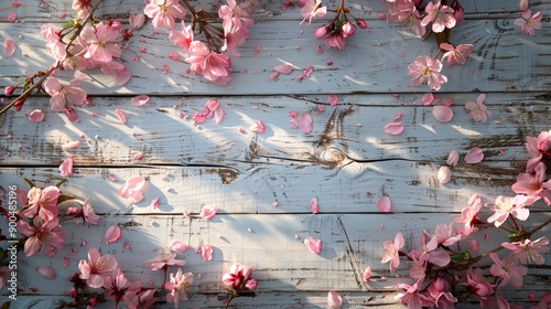 Spring Cherry Blossoms on Rustic Wooden Table photo