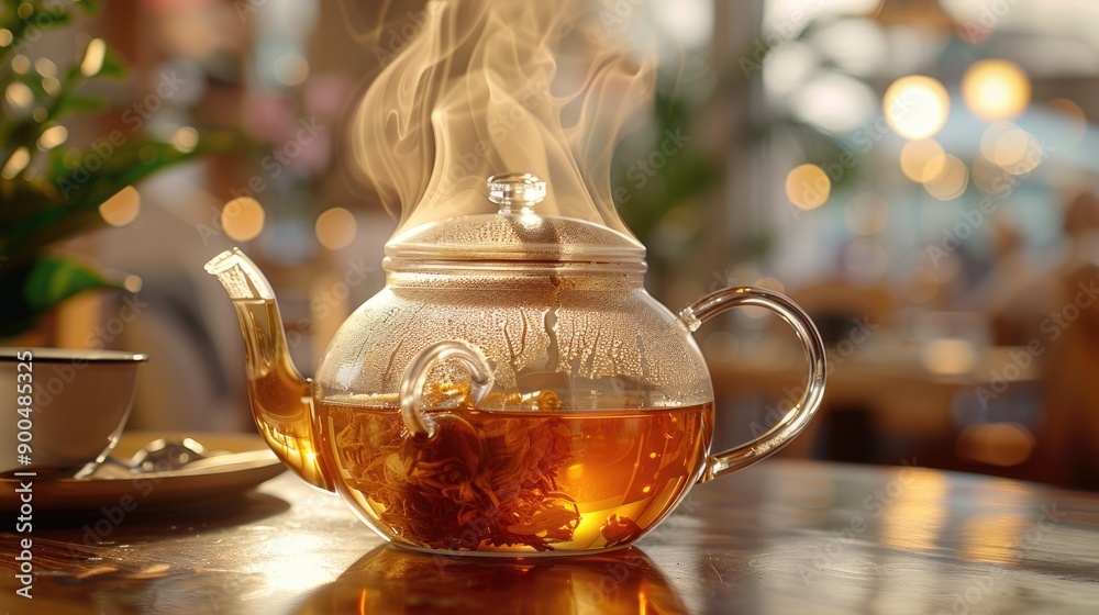 Serene Close-up of Steamy Freshly Brewed Tea in Glass Teapot, Evoking Warmth and Comfort Serene Close-up of Steamy Freshly Brewed Tea in Glass Teapot, Evoking Warmth and Comfort