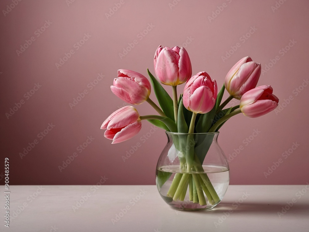Simple pink tulips against a clear pink backdrop. Minimalistic wallpaper design. High contrast
