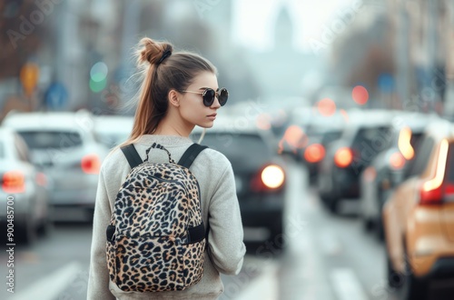 Woman in Grey Sweater With Leopard Backpack on City Street