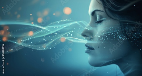 Woman Exhaling Blue Particles