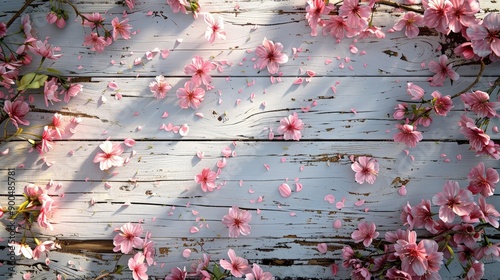 Spring Cherry Blossoms on Rustic Wooden Table photo