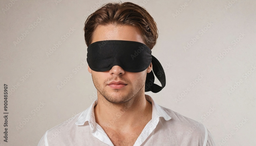 Portrait of a man wearing a black blindfold and white shirt against a plain background. Portrait of a man wearing a black blindfold and white shirt against a plain background.