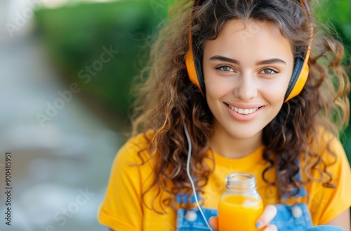 Woman Drinking Juice While Listening to Music
