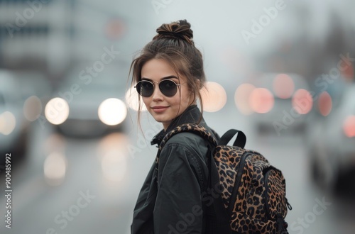 Woman in Grey Sweater With Leopard Backpack on City Street