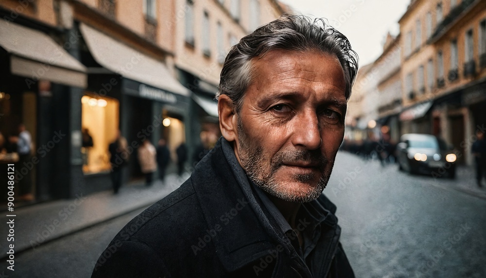 Portrait of a mature man with gray hair and a beard,standing in a urban street. Portrait of a mature man with gray hair and a beard,standing in a urban street.