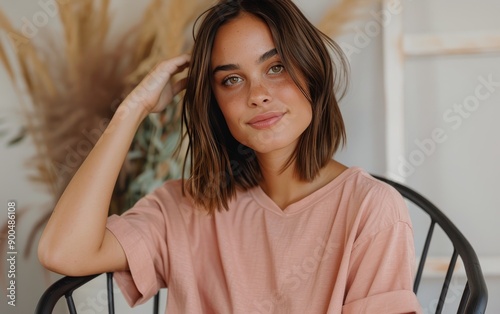 Woman With Brown Hair in a Pink T-Shirt