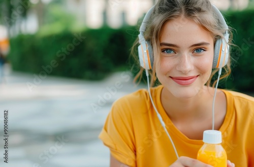 Woman Drinking Juice While Listening to Music