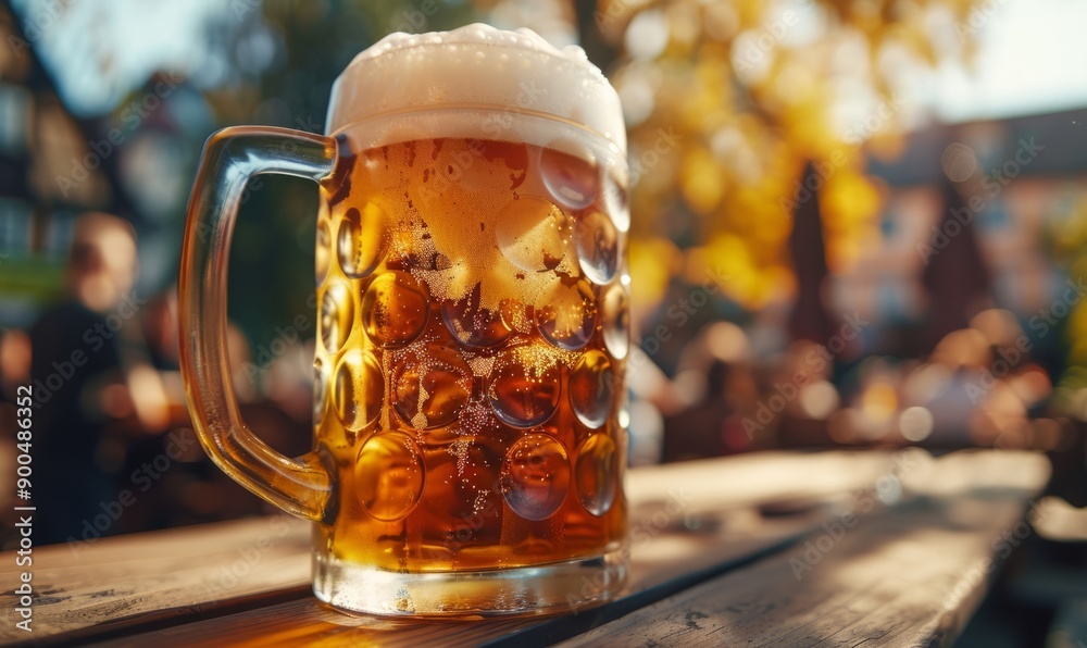 Close-up of a traditional wooden beer mug filled with frothy amber beer, a refreshing sight at the Oktoberfest festival. Close-up of a traditional wooden beer mug filled with frothy amber beer, a refreshing sight at the Oktoberfest festival.