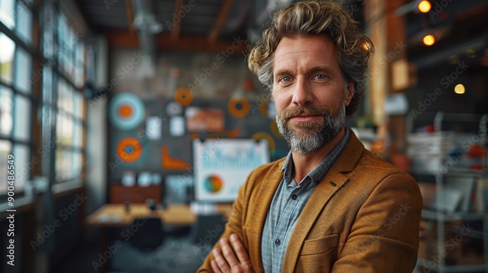 Cheerful business man standing portrait with business elements background