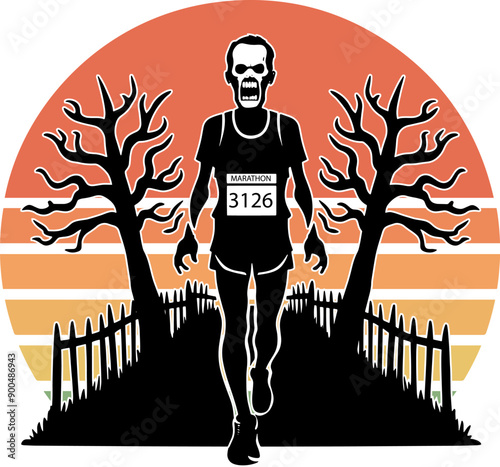 Silhouette Zombie Marathon Runner Halloween funny black and white design on solid white background.