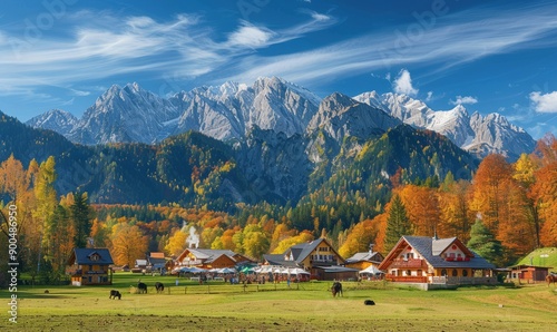 Scenic view of mountains with beer tents in the foreground at the Oktoberfest festival. photo